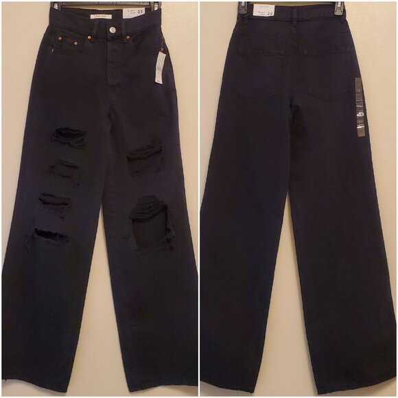 NWT PacSun Eco Black Baggy Distressed Button-Fly Wide Leg Denim Jeans - 23 - Picture 3 of 12
